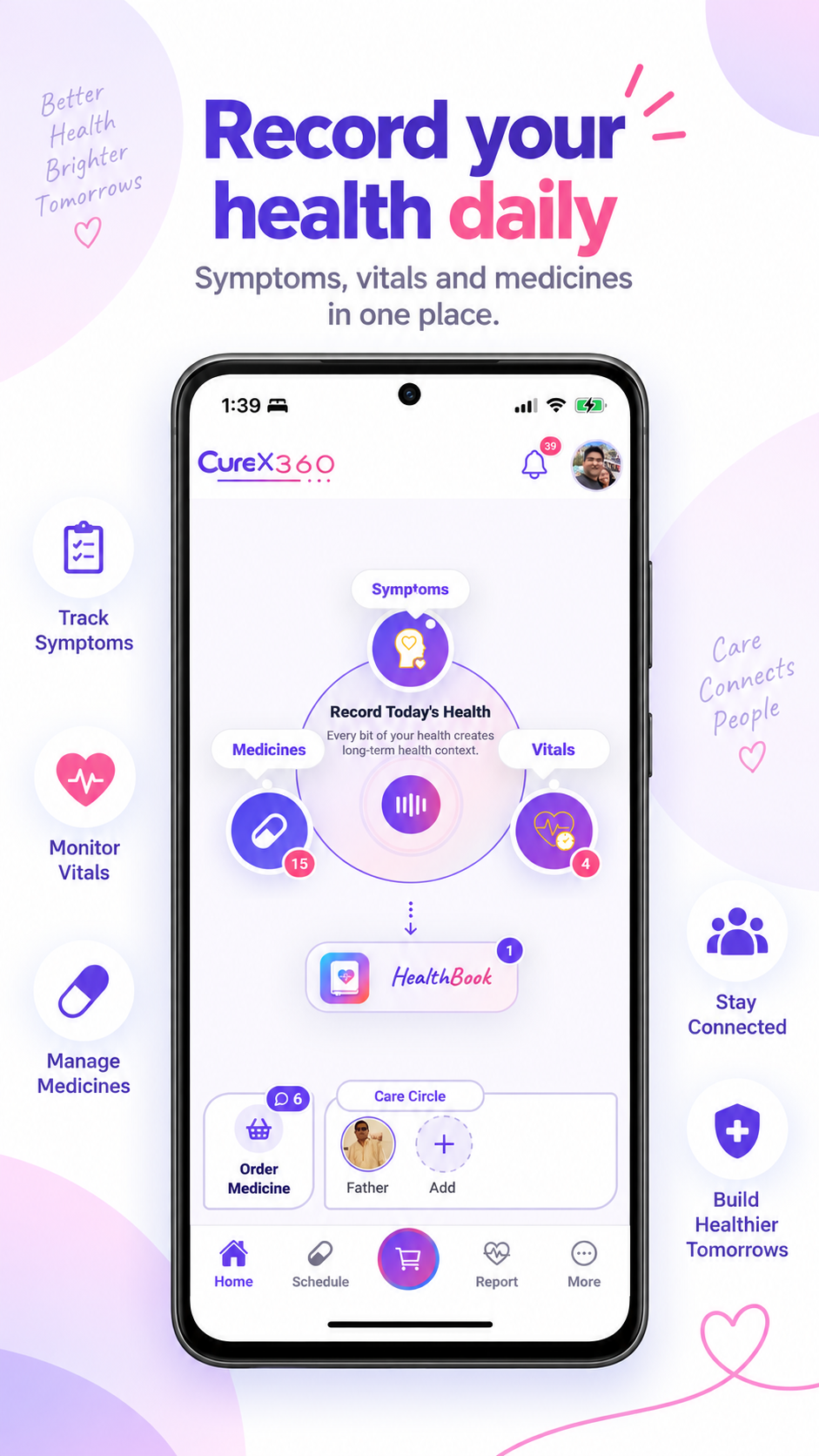Curex360 home screen connecting symptoms, medicines, vitals and a consultation HealthBook